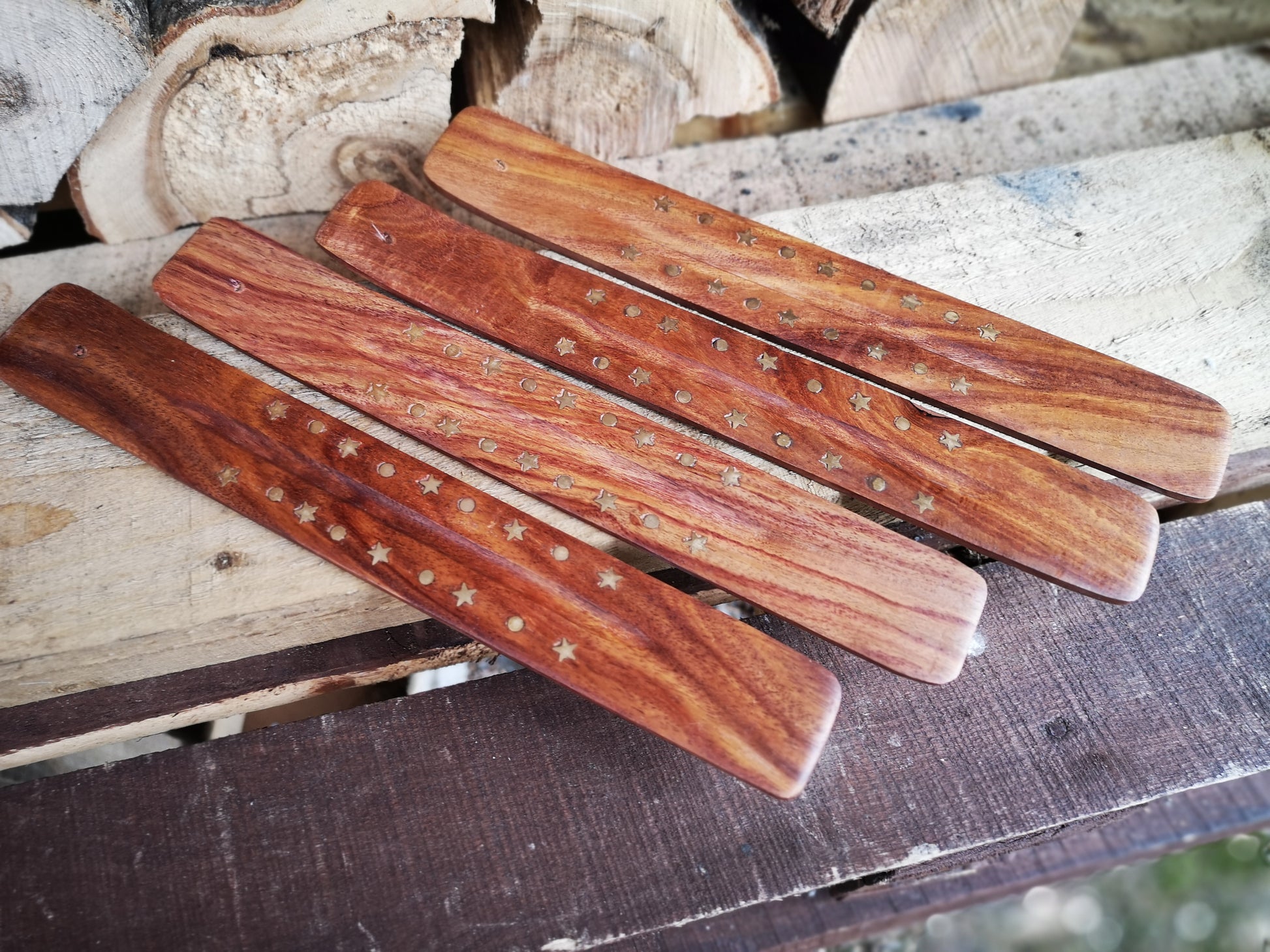 Earthstore® Brass STARS & SUNS Inlaid Incense Ashcatcher - Mango Wood