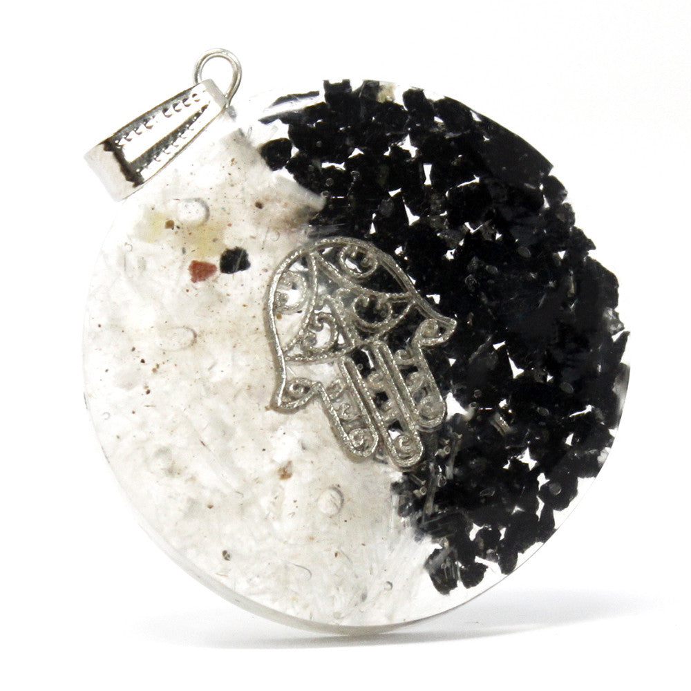 Earthstore® Orgonite Power Pendant - Good & Evil - Hamsa w/faux leather/925 silver chain
