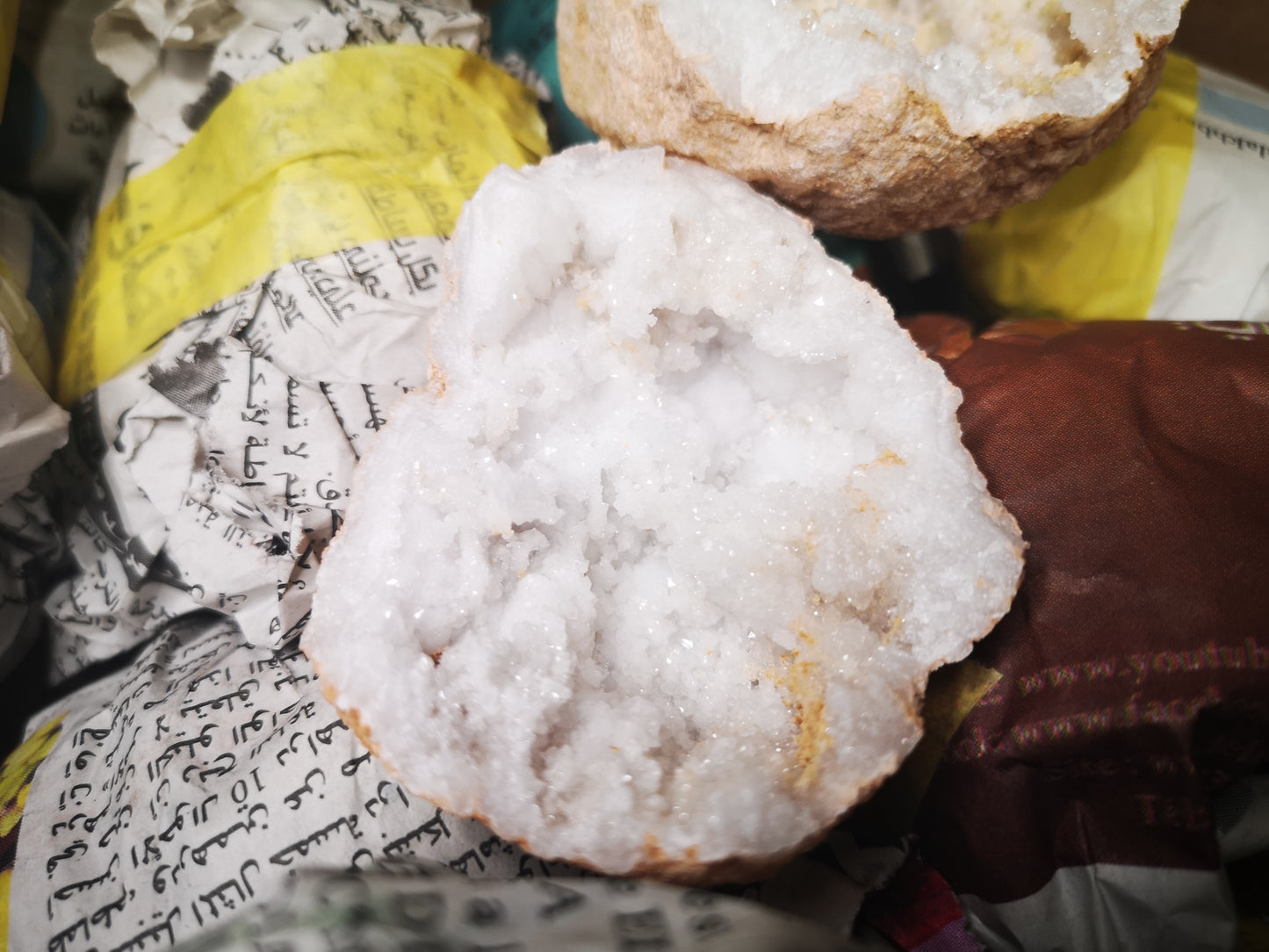 Earthstore® NEW Split GEODES aka Snowballs - Selenite, Calcite, Quartz inside.
