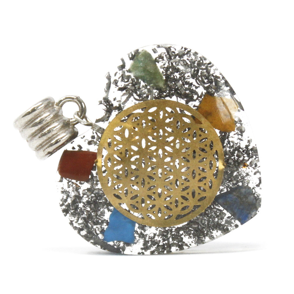 Earthstore® Orgonite Power Pendant - 7 Stone Chakra Heart - w/faux leather/925 silver chain