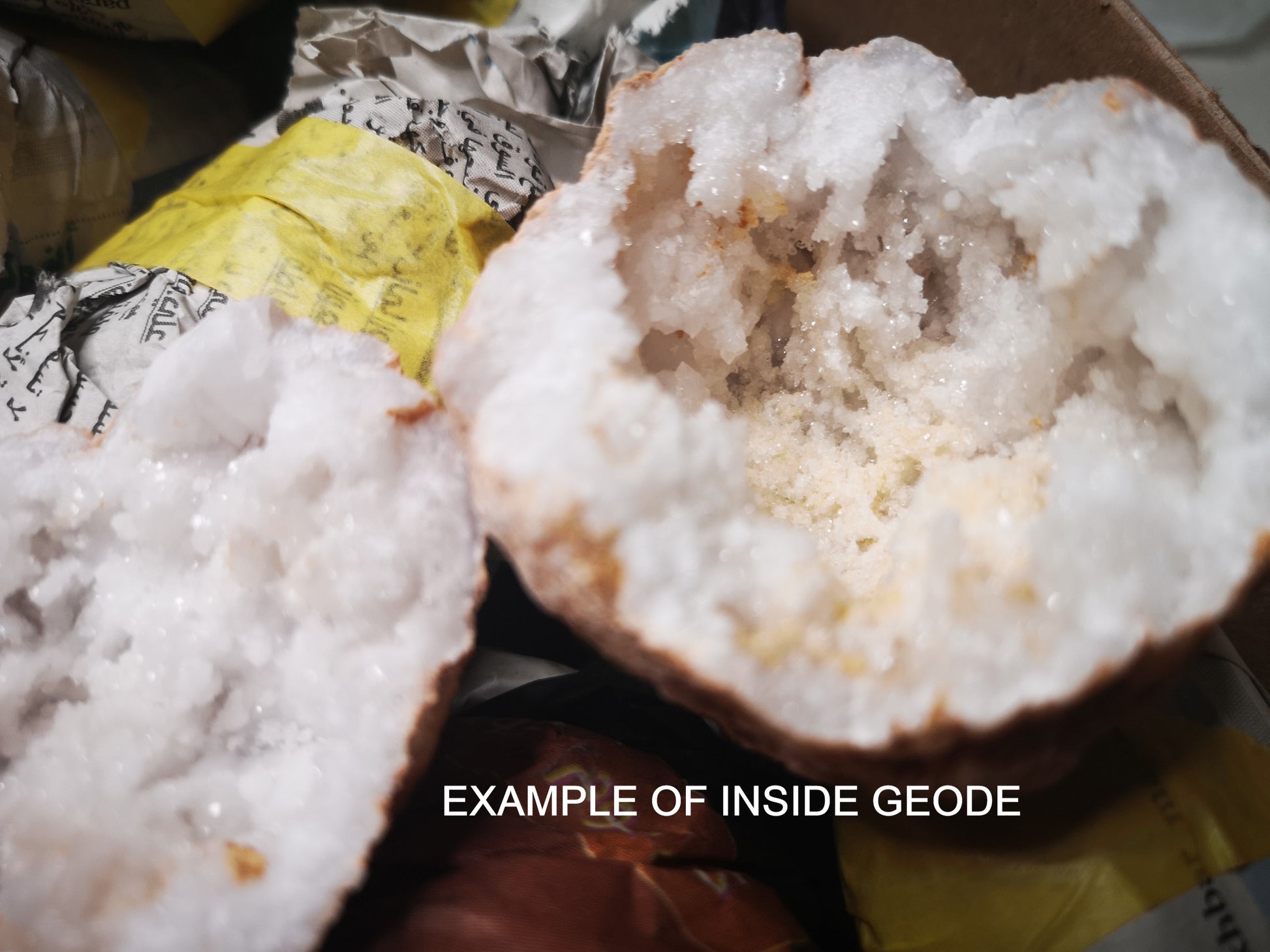 Earthstore® NEW Split GEODES aka Snowballs - Selenite, Calcite, Quartz inside.