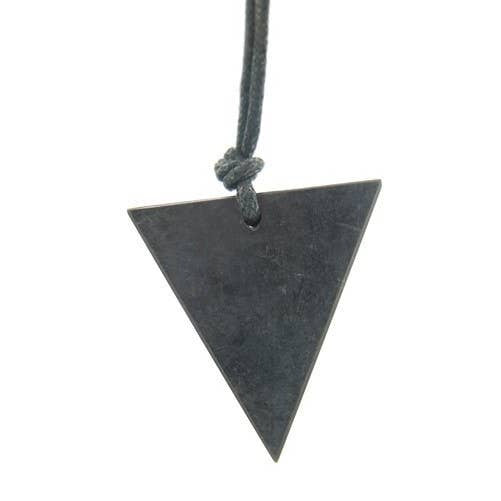 A dark shungite triangular pendant hanging from a black cord, centered on a plain white background.