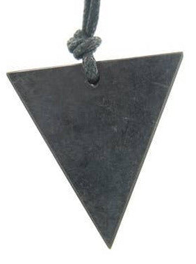 A dark shungite triangular pendant hanging from a black cord, centered on a plain white background.