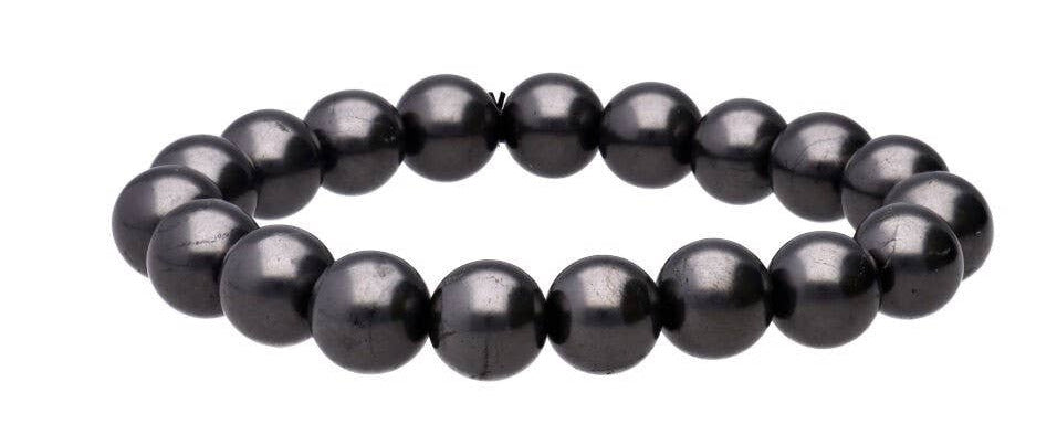 A black shungite  beaded stretch bracelet made of glossy, round beads, displayed against a plain white background.