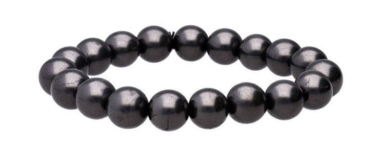 A black shungite  beaded stretch bracelet made of glossy, round beads, displayed against a plain white background.