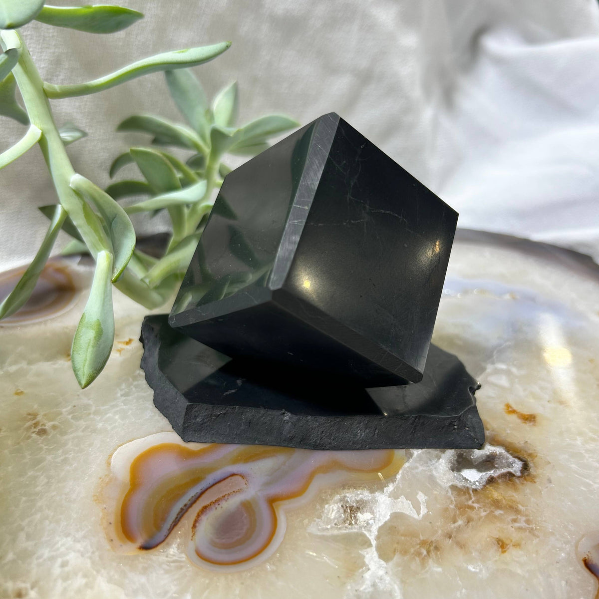 Shungite 50mm (5cm) Cut Cube, Stand-up | Stress & Anxiety Relief | EMF Protection Crystal C60