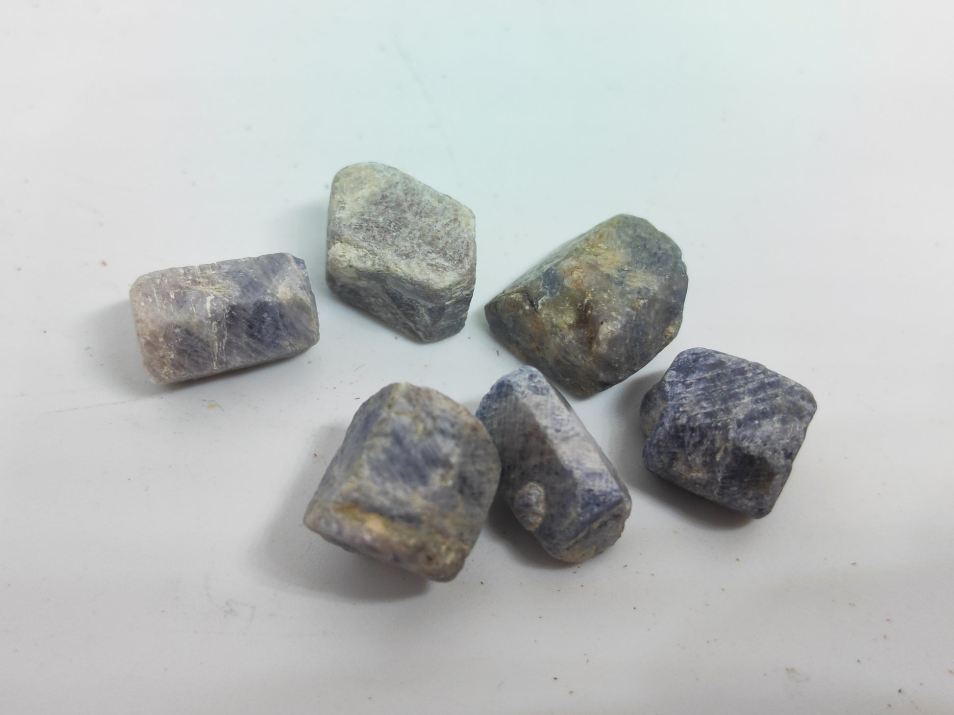Seven rough sodalite stones on a light gray background