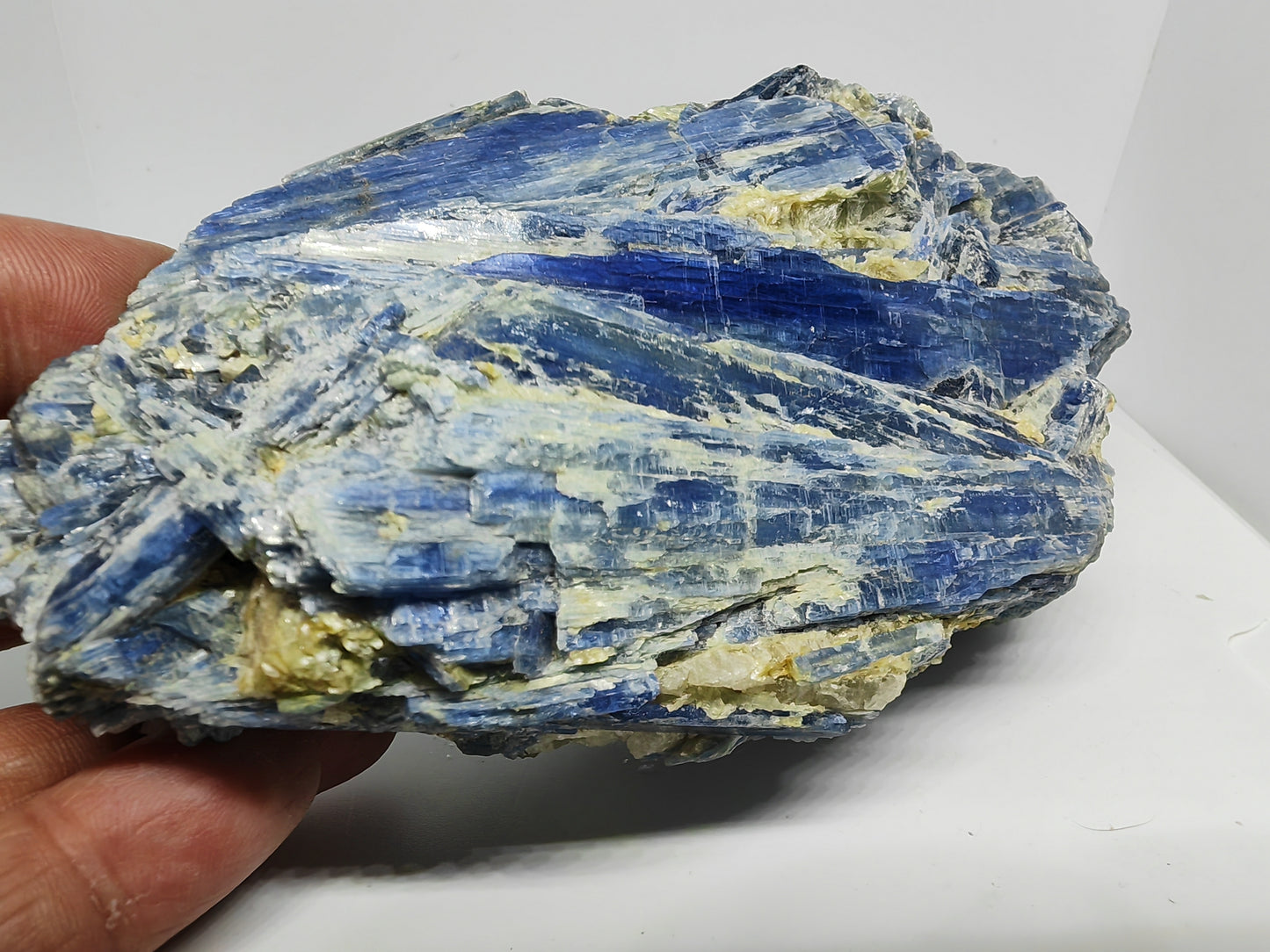 Raw kyanite crystal held by a hand on a white background