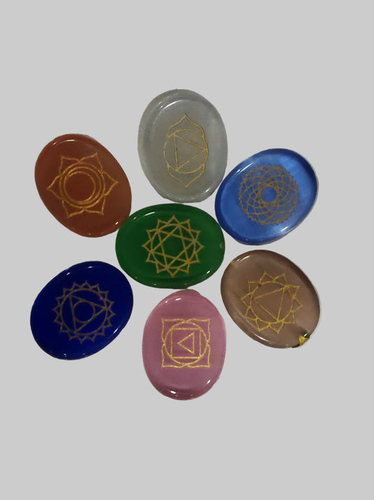 7Pcs 7 Chakra Natural Stone Set - Engraved Reiki Healing Crystal Rune Oval - 27mm