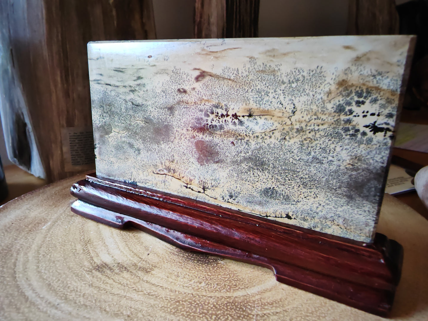 Chinese Picture Stone (Guohua Shi) | Natural Ink Landscape on Carved Stand | Dendritic Agate
