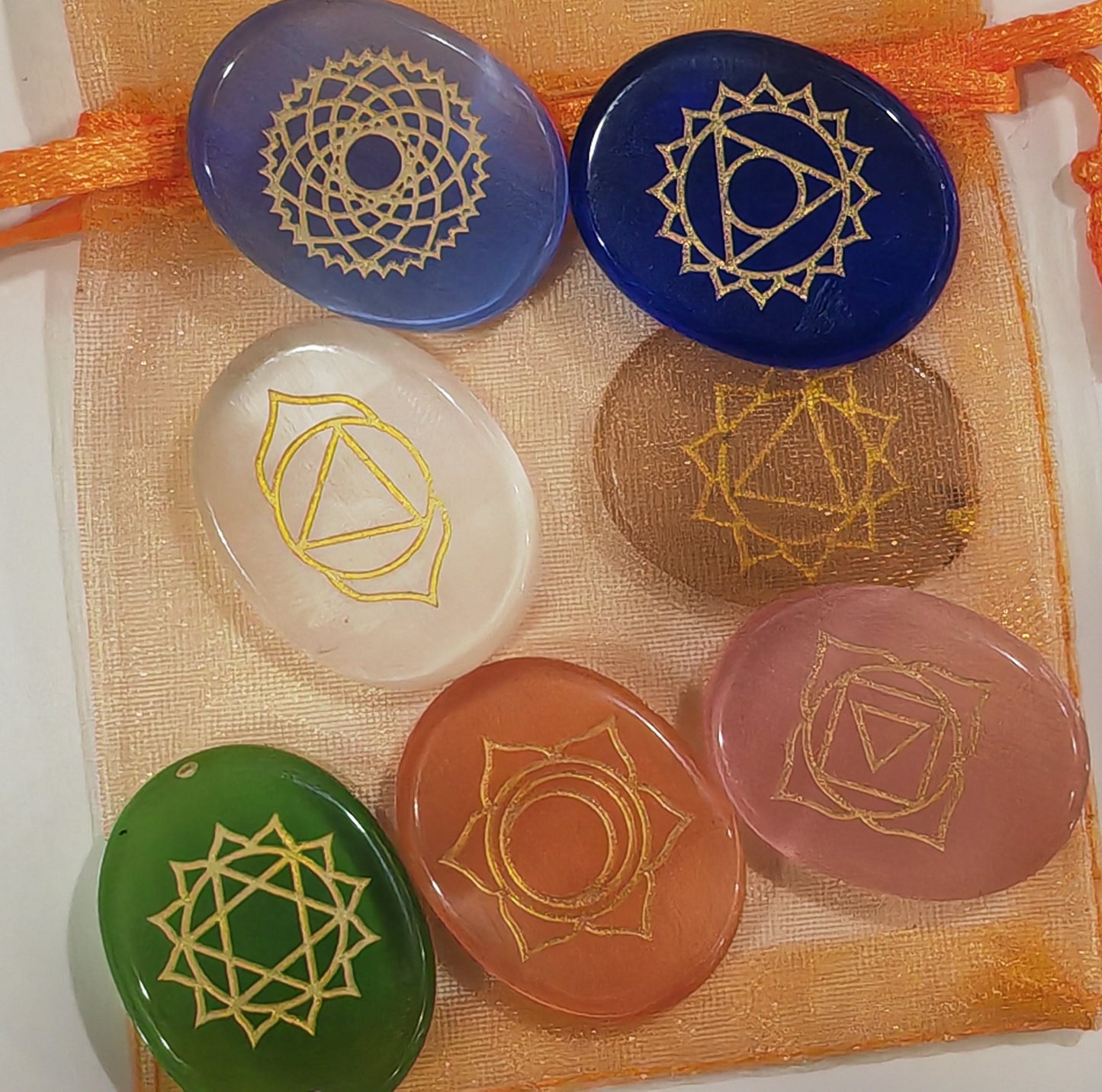 7Pcs 7 Chakra Natural Stone Set - Engraved Reiki Healing Crystal Rune Oval - 27mm