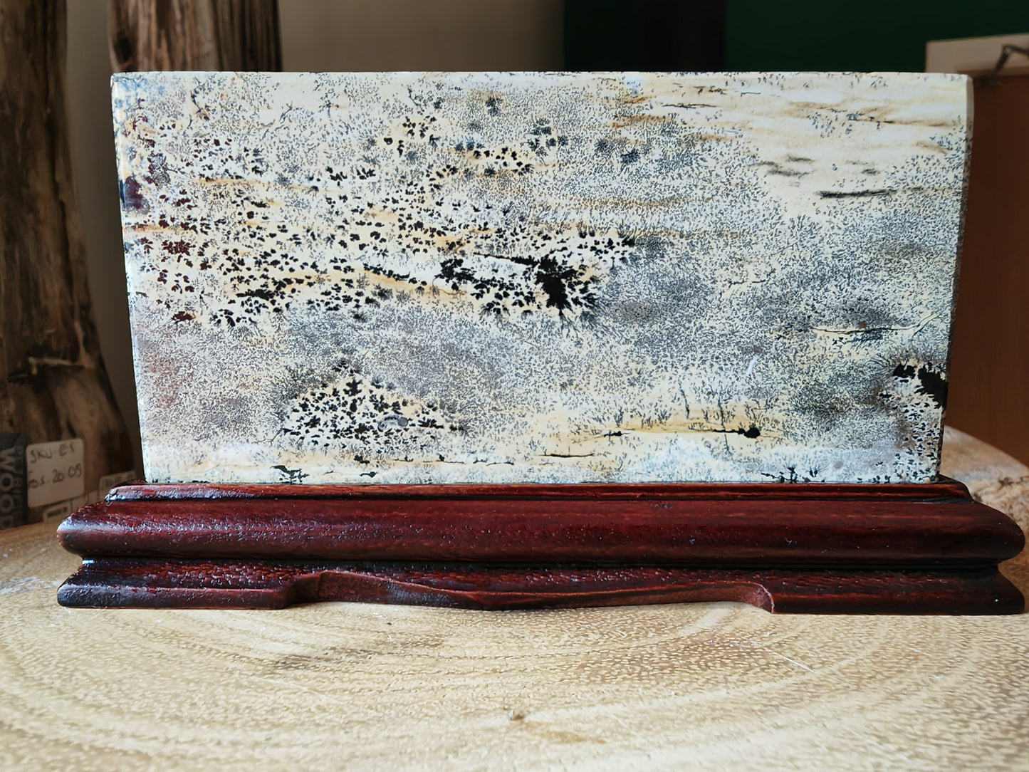 Chinese Picture Stone (Guohua Shi) | Natural Ink Landscape on Carved Stand | Dendritic Agate