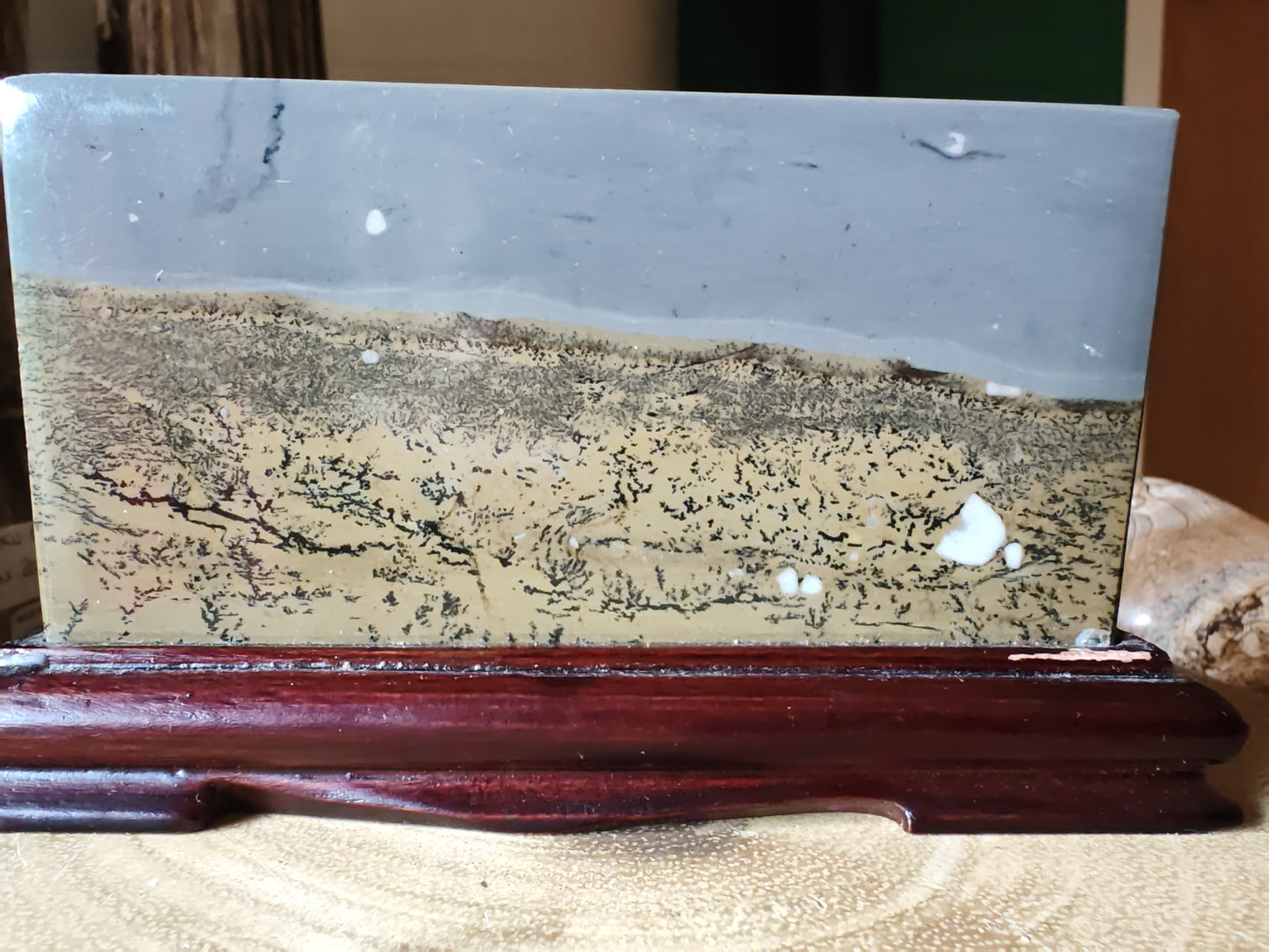 Chinese Picture Stone (Guohua Shi) | Natural Ink Landscape on Carved Stand | Dendritic Agate