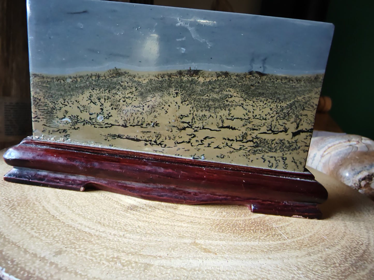 Chinese Picture Stone (Guohua Shi) | Natural Ink Landscape on Carved Stand | Dendritic Agate