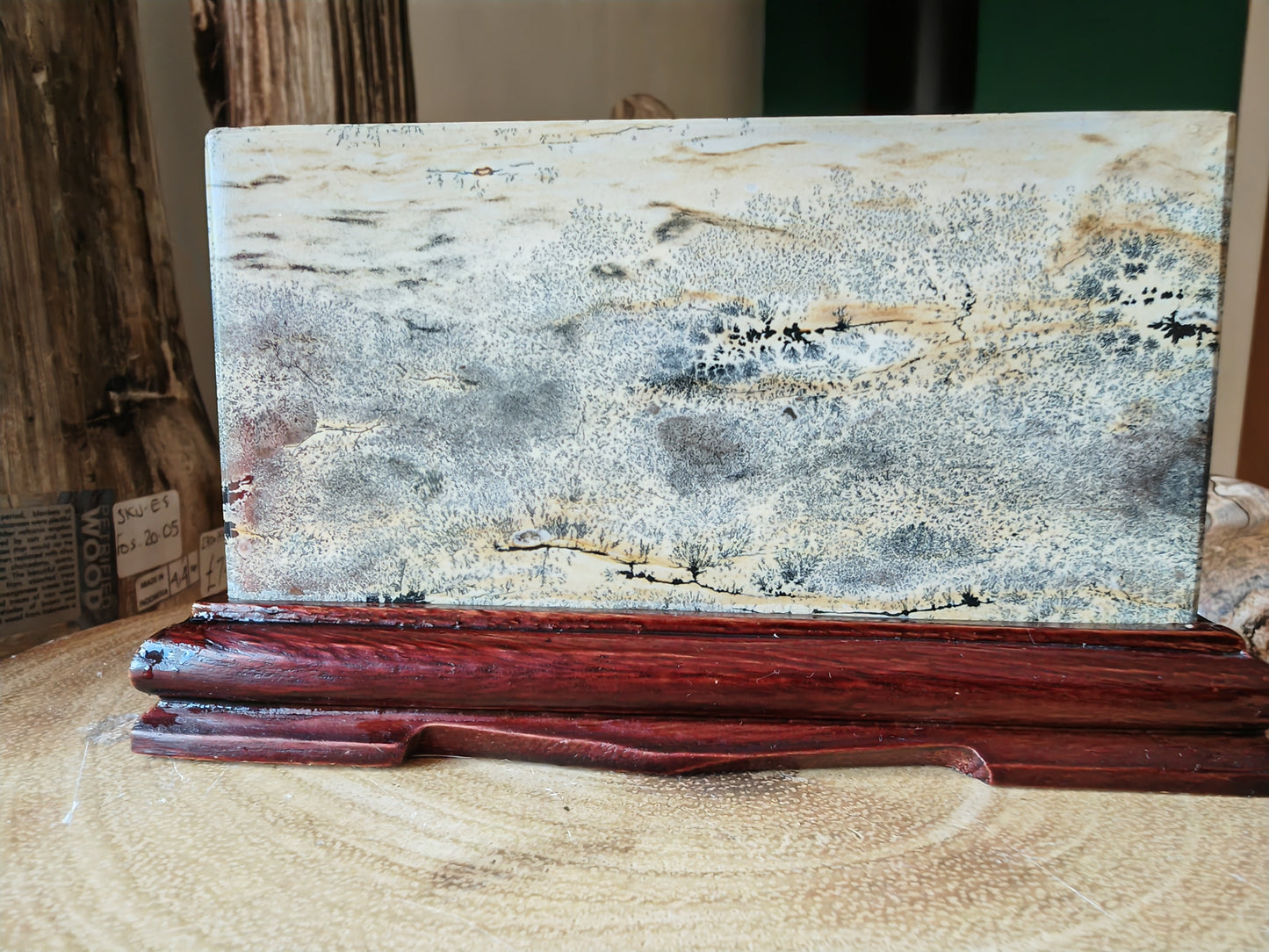 Chinese Picture Stone (Guohua Shi) | Natural Ink Landscape on Carved Stand | Dendritic Agate