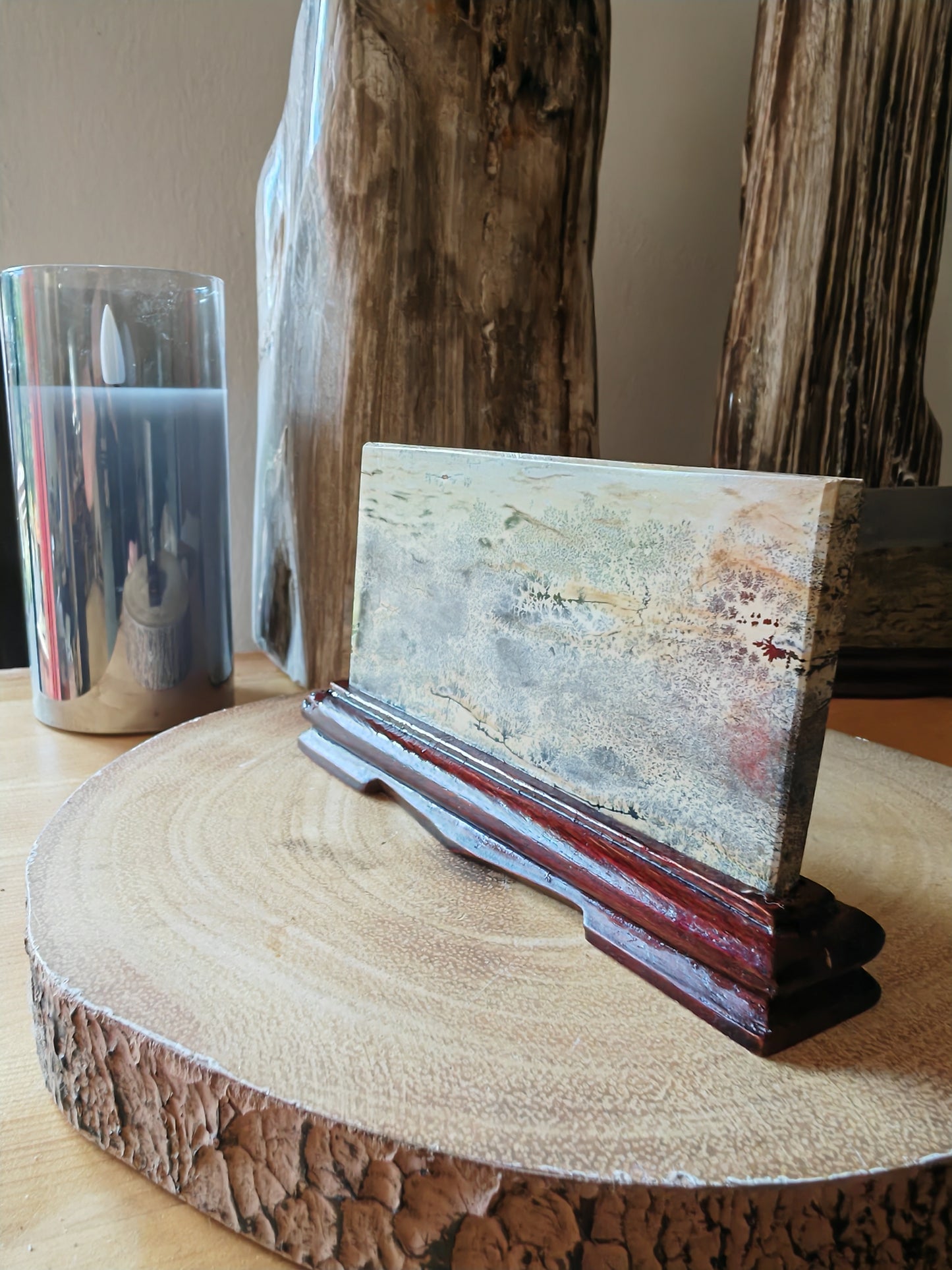 Chinese Picture Stone (Guohua Shi) | Natural Ink Landscape on Carved Stand | Dendritic Agate