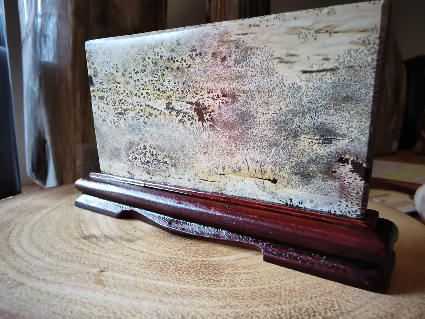 Chinese Picture Stone (Guohua Shi) | Natural Ink Landscape on Carved Stand | Dendritic Agate