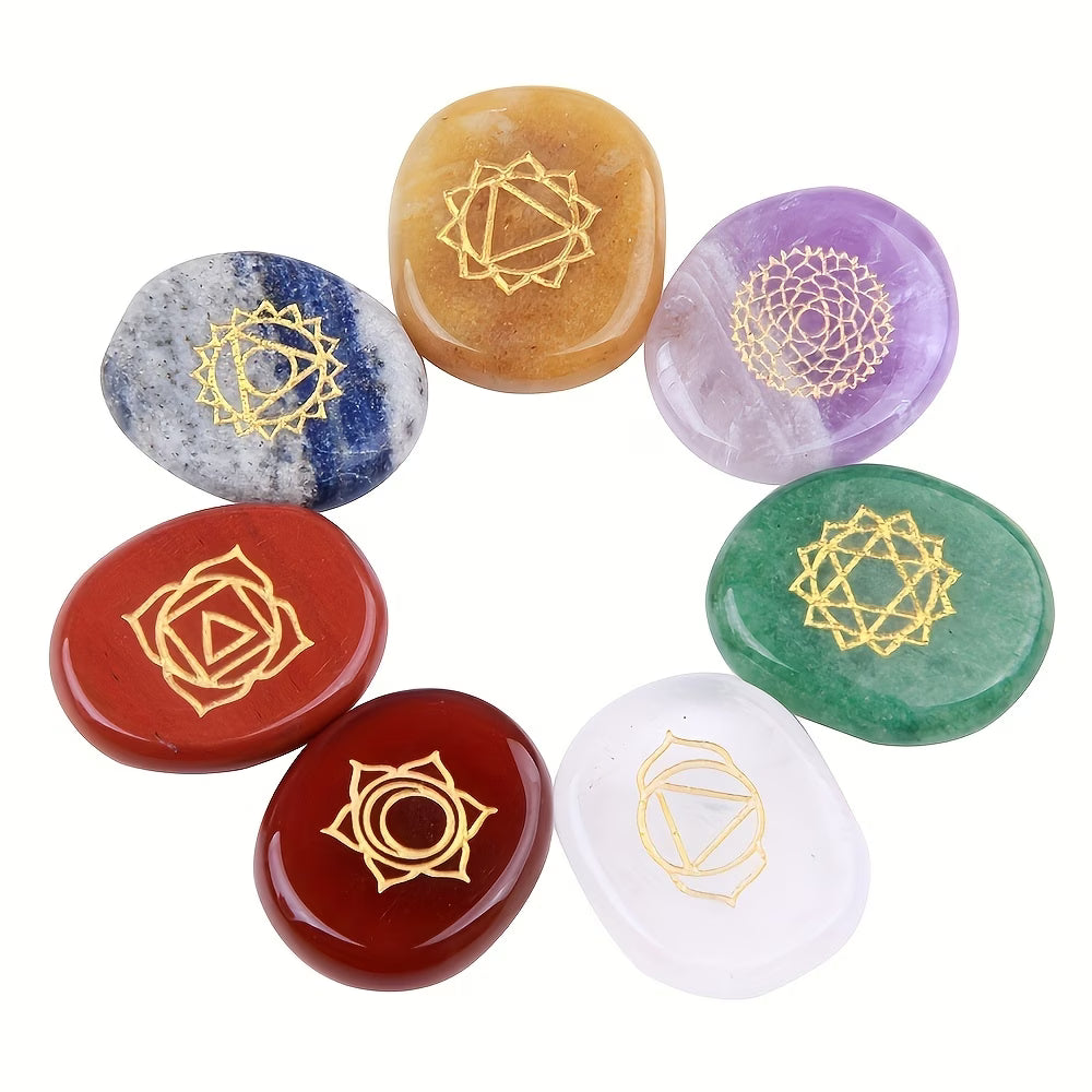 7Pcs 7 Chakra Natural Stone Set - Engraved Reiki Healing Crystal Rune Oval - 27mm