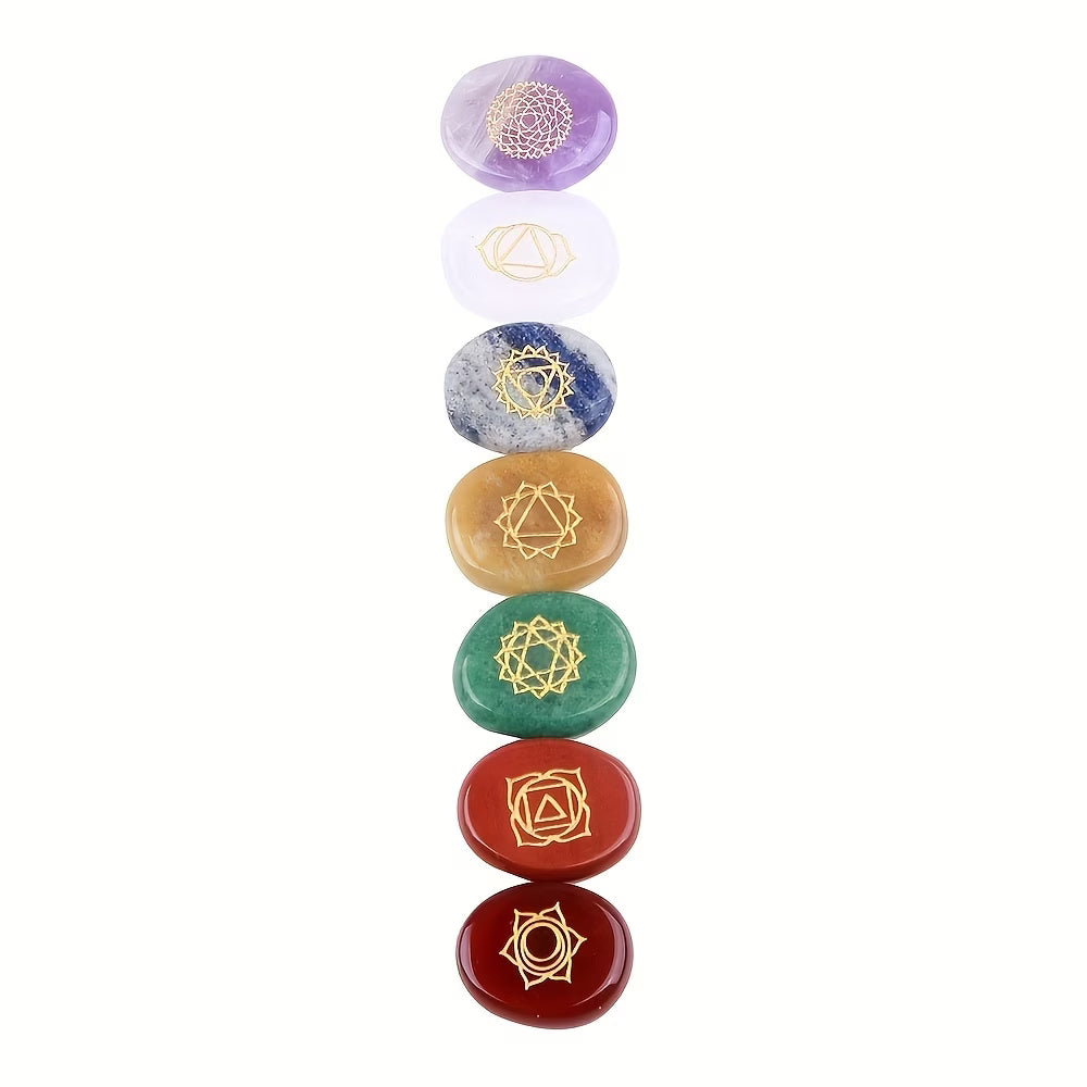 7Pcs 7 Chakra Natural Stone Set - Engraved Reiki Healing Crystal Rune Oval - 27mm